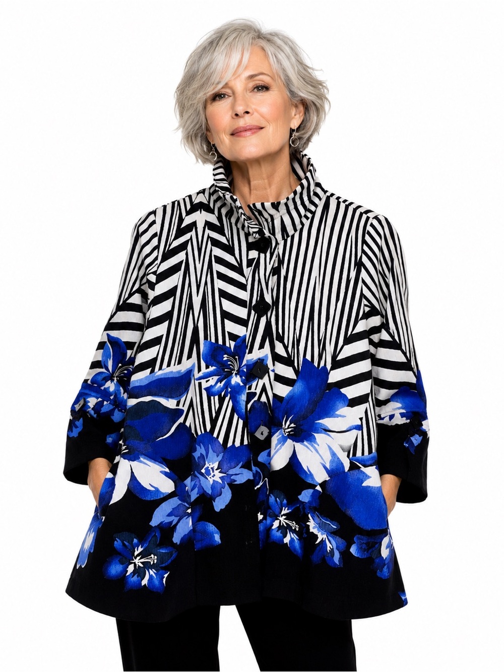 IC By Connie K Art to Wear Ruffle Collar Floral Stripe Jacket Large Made In USA